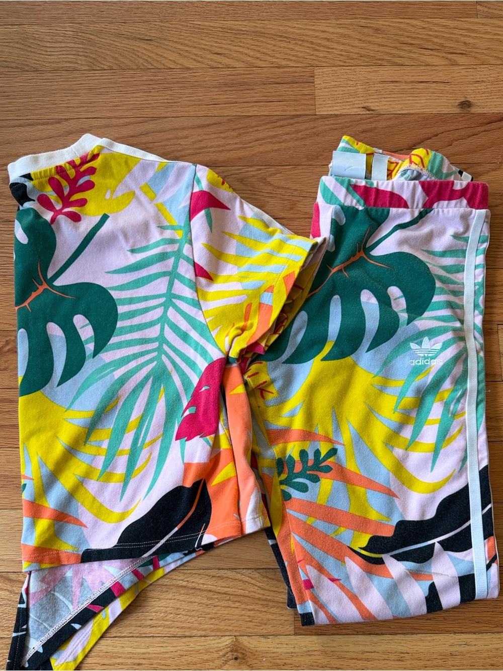 adidas Tropical Leaf Print Leggings in Yellow, Teal & Pink
